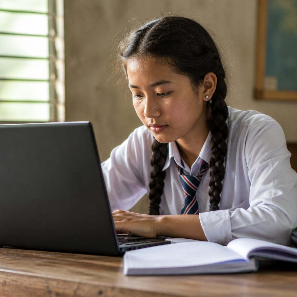 Nepali student studying on a laptop